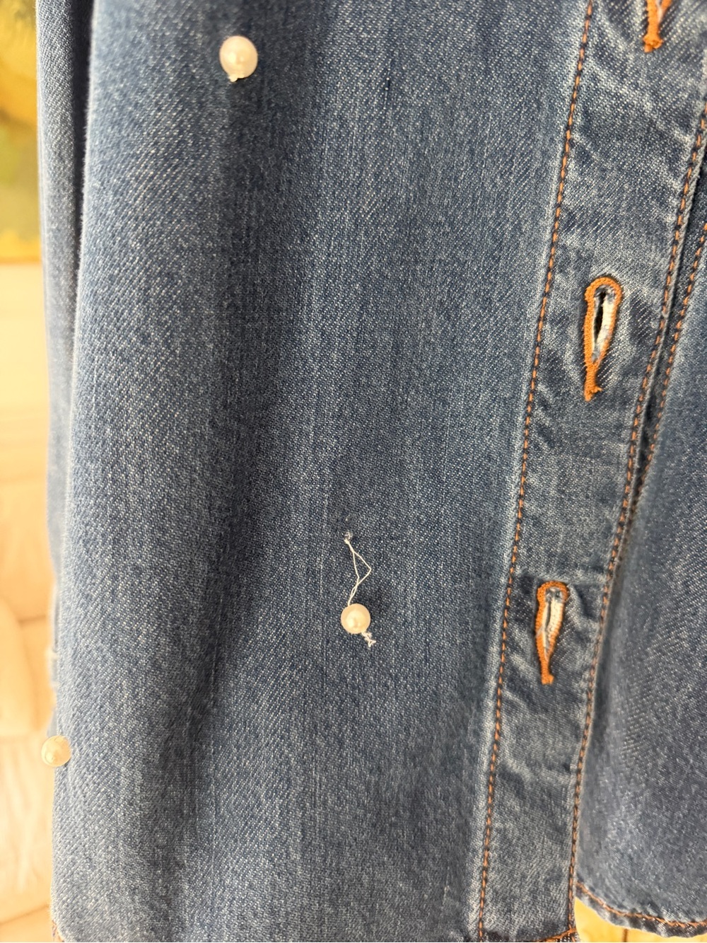 LOFT Dark Denim Oversized Button Down with Pearls - one pearl loose